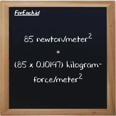 85 newton/meter<sup>2</sup> is equivalent to 8.6676 kilogram-force/meter<sup>2</sup> (85 N/m<sup>2</sup> is equivalent to 8.6676 kgf/m<sup>2</sup>)